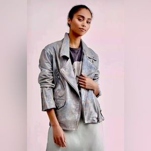 Free People Jealousy Leather Moto Jacket Distress Metallic Silver Blue Size M